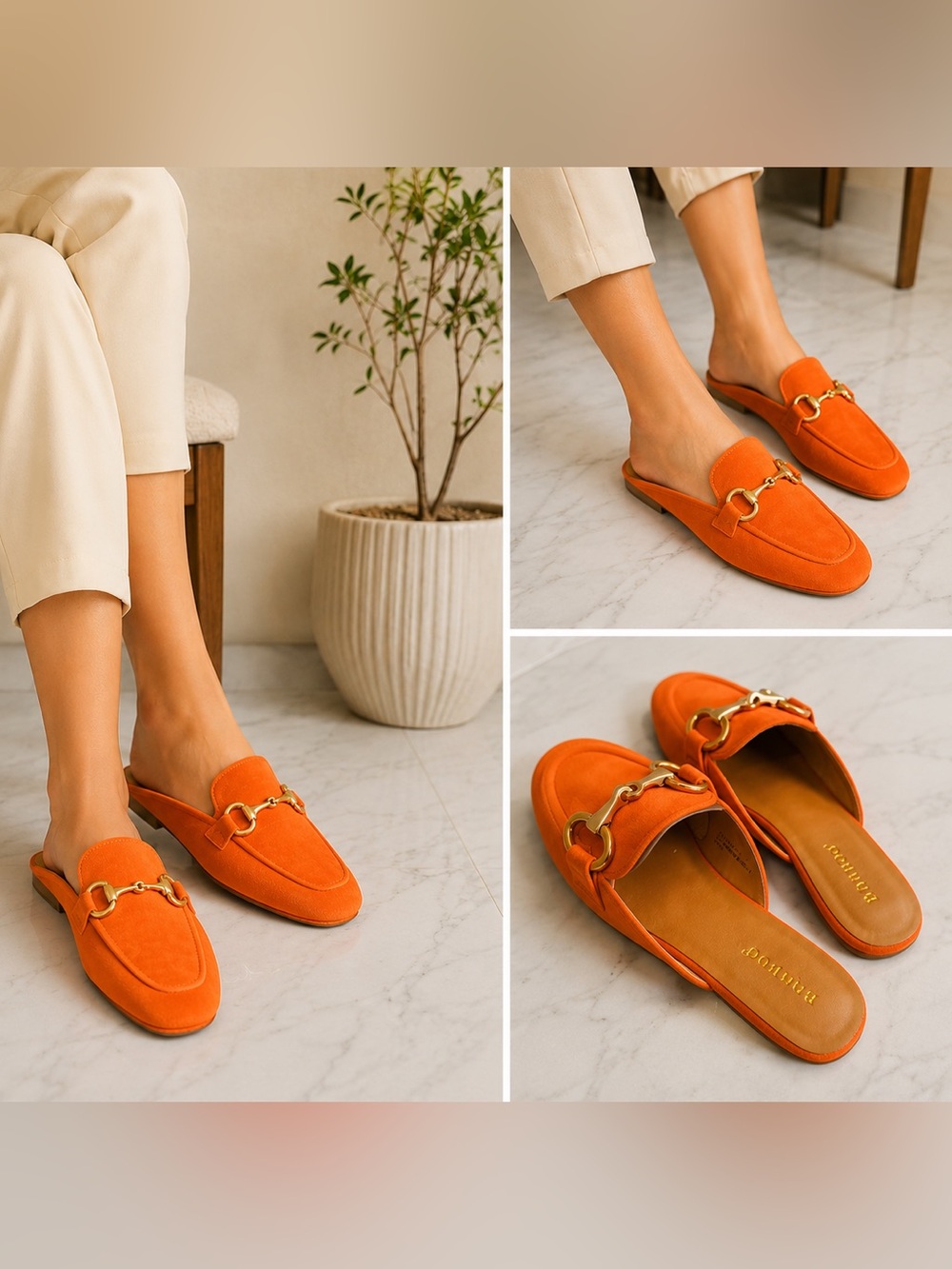 BAMBOO Orange Slip-on Mules with Metal Bit